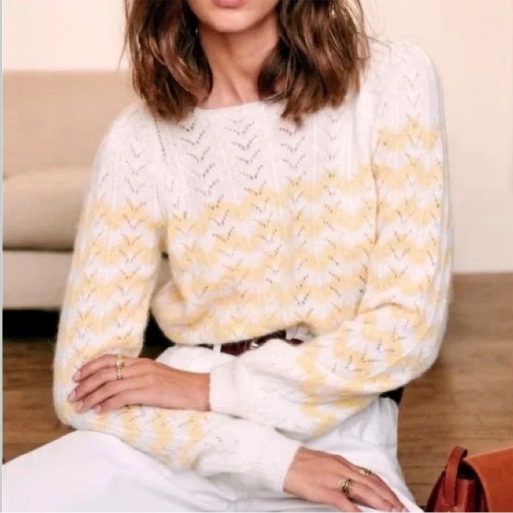 Sezane Suzie Jumper in Baby Alpaca Ecru Yellow Zig Zag Stripe Sweater Sz S